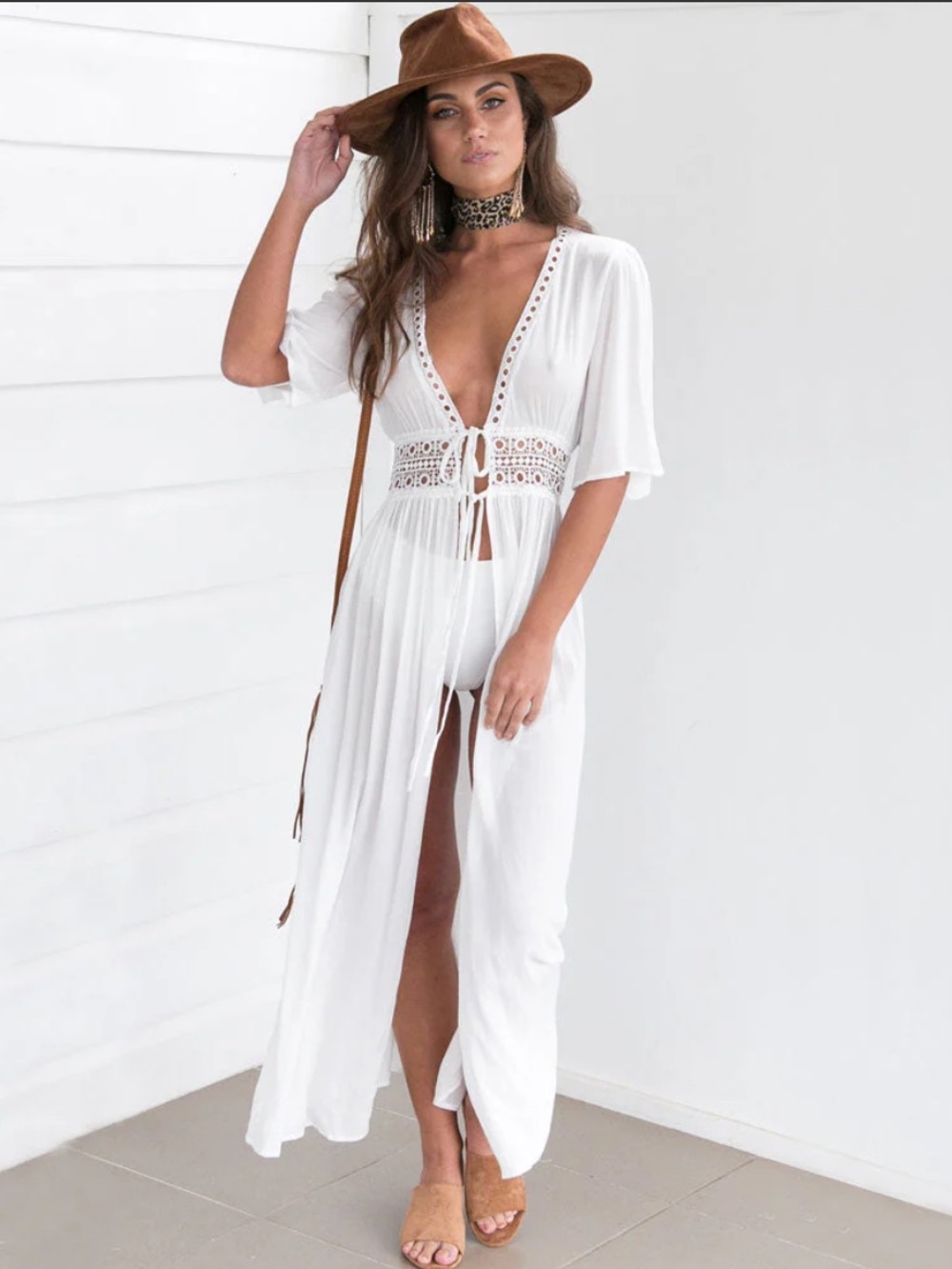 White Lace-Panel Boho Midi Dress beach wrap cover up - Picture 5 of 5